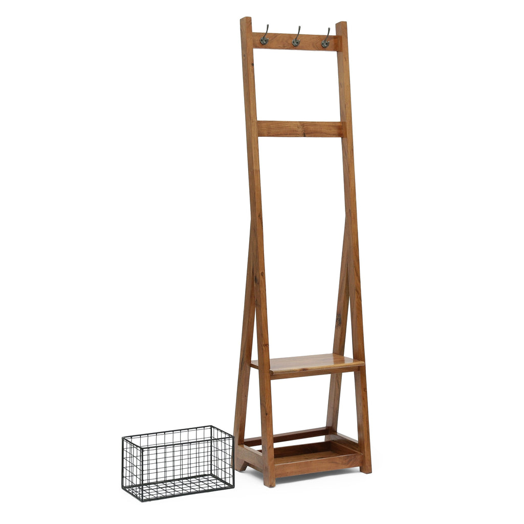 Modern Industrial Handcrafted Acacia Wood Coat Rack with Bench Storage, Natural - NH606413