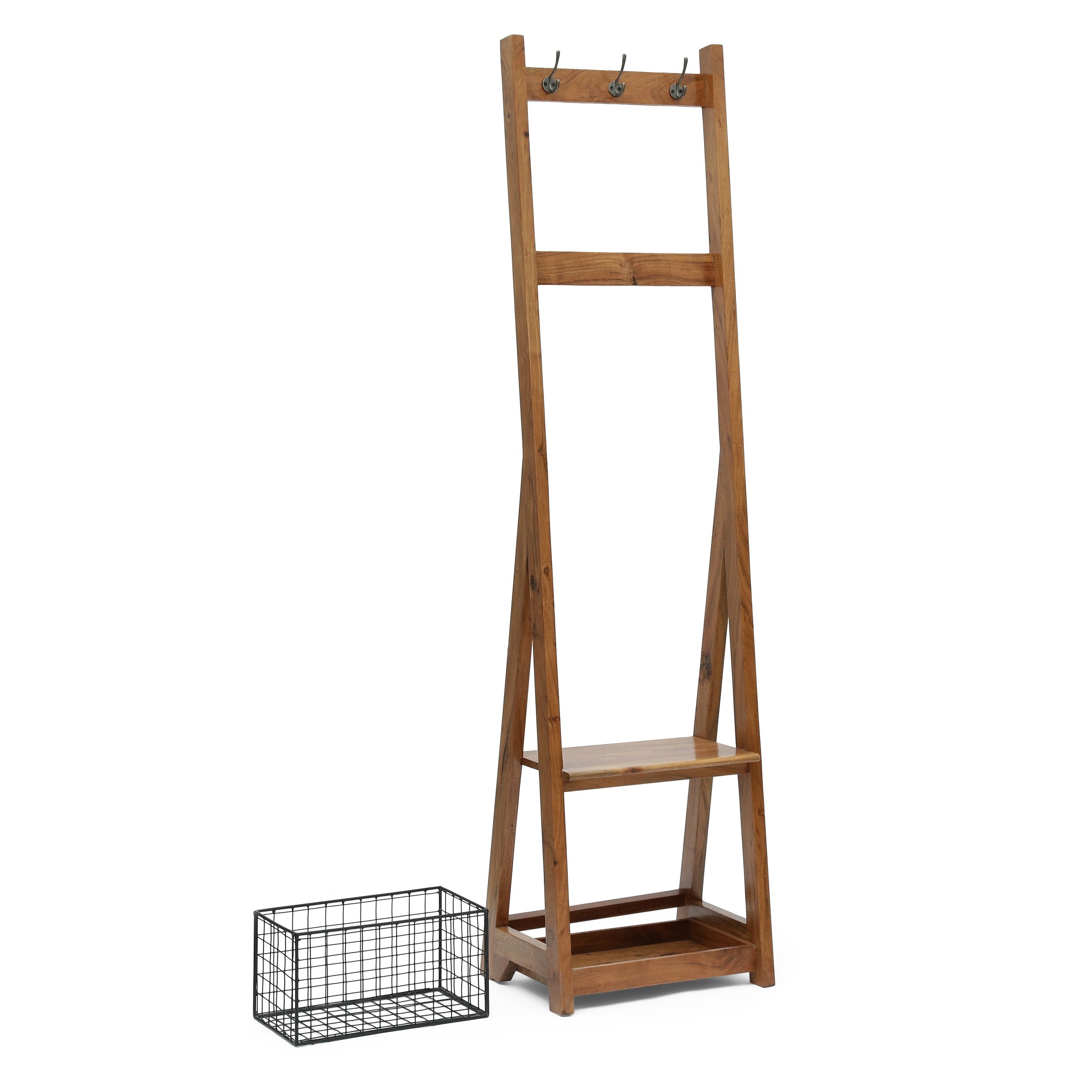 Modern Industrial Handcrafted Acacia Wood Coat Rack with Bench Storage, Natural - NH606413